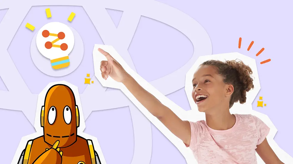 A girl joyfully points at a lightbulb icon with red nodes. Beside her, Moby the orange robot touches its chin. Purple background with stars.