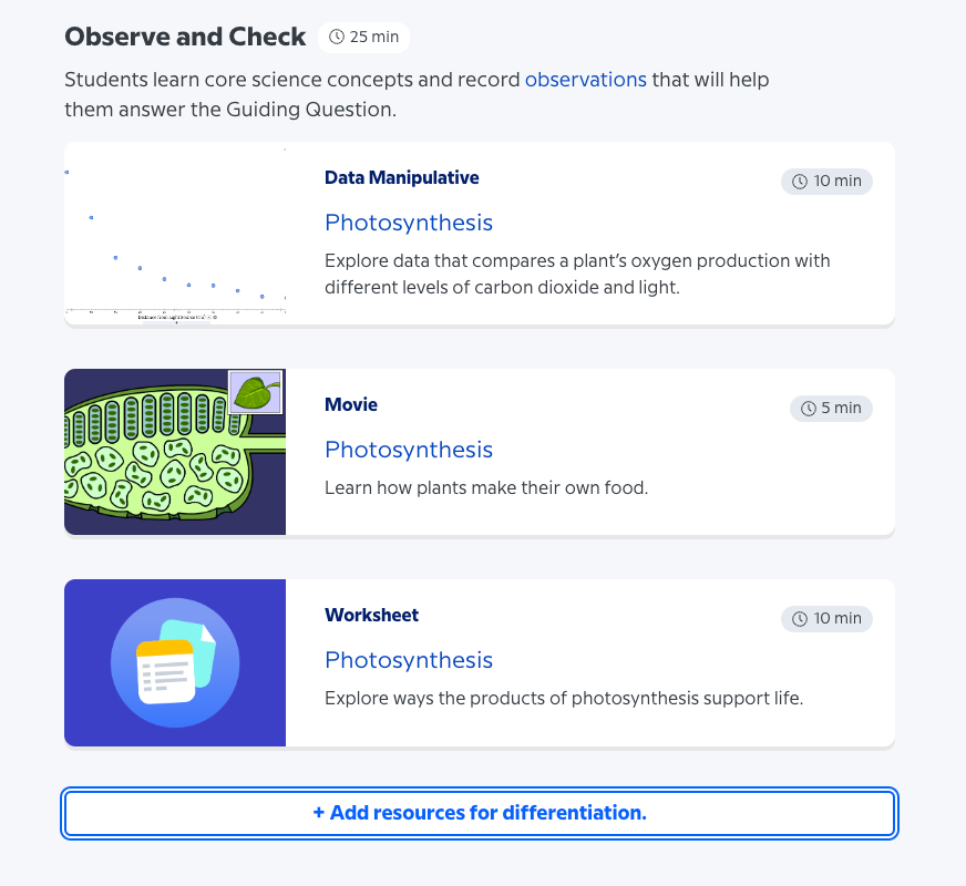 Educational resources on photosynthesis, including data analysis, movie, and worksheet options, shown with time durations. Options to add more.