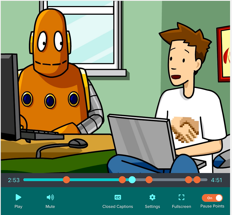 Moby, an orange robot, and Tim, a boy with a laptop, sit at a desk with a computer, in a room with a window. Tim's shirt displays a pixelated handshake. The screen shows video controls.