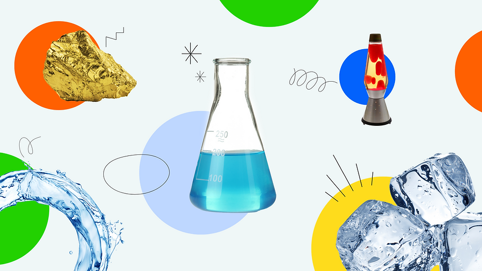 A beaker with blue liquid, a gold nugget, lava lamp, water splash, and ice cubes on a colorful geometric background. Energetic and vibrant mood.