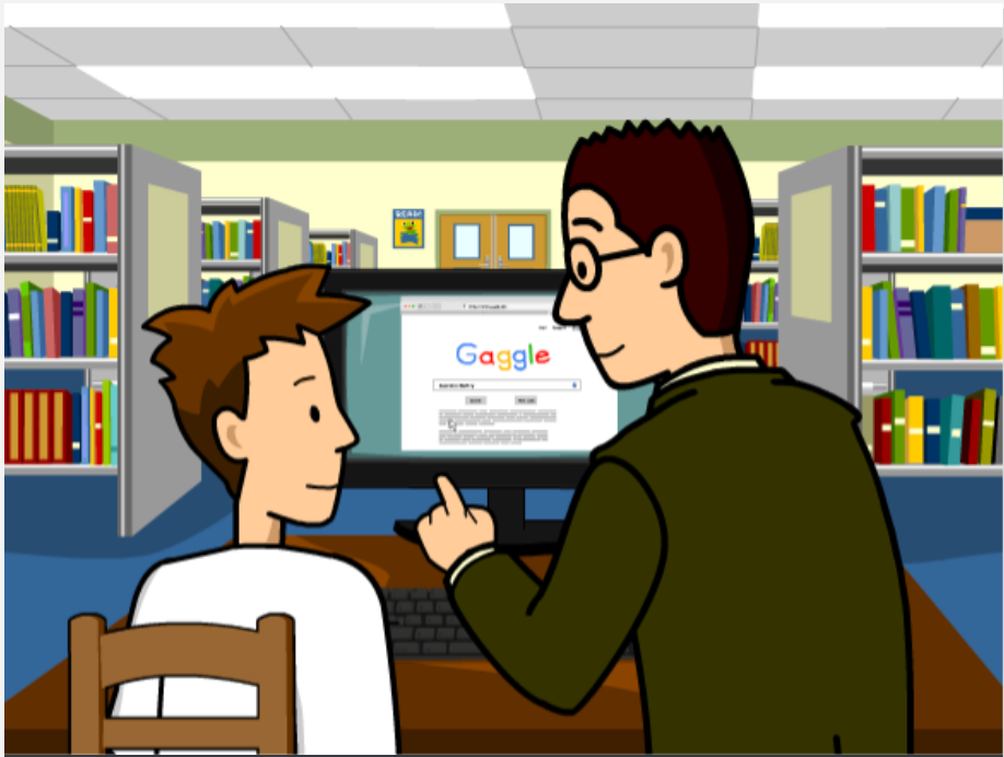 Tim sits in front of a library computer open to a search engine. A librarian gives him advice on best practices. From the BrainPOP Online Sources topic.