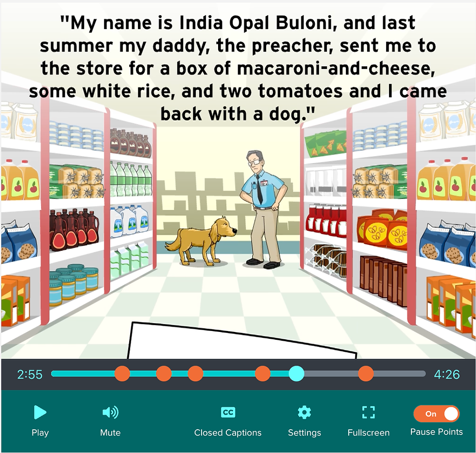 A cartoon man stands with a dog in a grocery aisle stocked with food. Text from "Because of Winn-Dixie": "My name is India Opal Buloni..." Video controls are visible below.