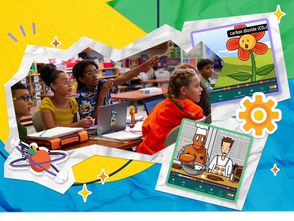 Students in a classroom raise hands and point at laptops, with animated science video lessons teaching photosynthesis and carbon dioxide (CO2) on a bright collage background