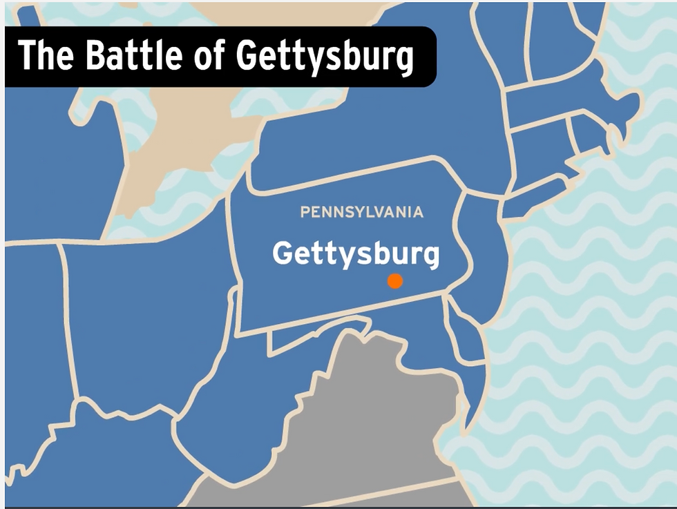 From BrainPOP's Civil War movie. Map highlighting Gettysburg in Pennsylvania, with a blue and grey color scheme. Text above reads "The Battle of Gettysburg."