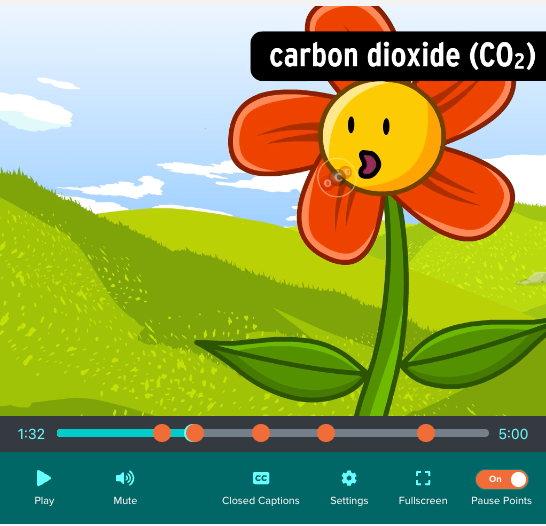 A cartoon flower with a face inhales carbon dioxide in a green hilly landscape. BrainPOP video controls are visible at the bottom.