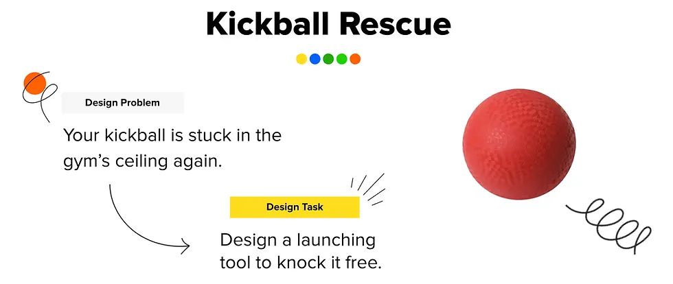 Kickball Rescue image with a red ball, task text prompts to design a tool to free it from the gym ceiling. Includes colorful accents.