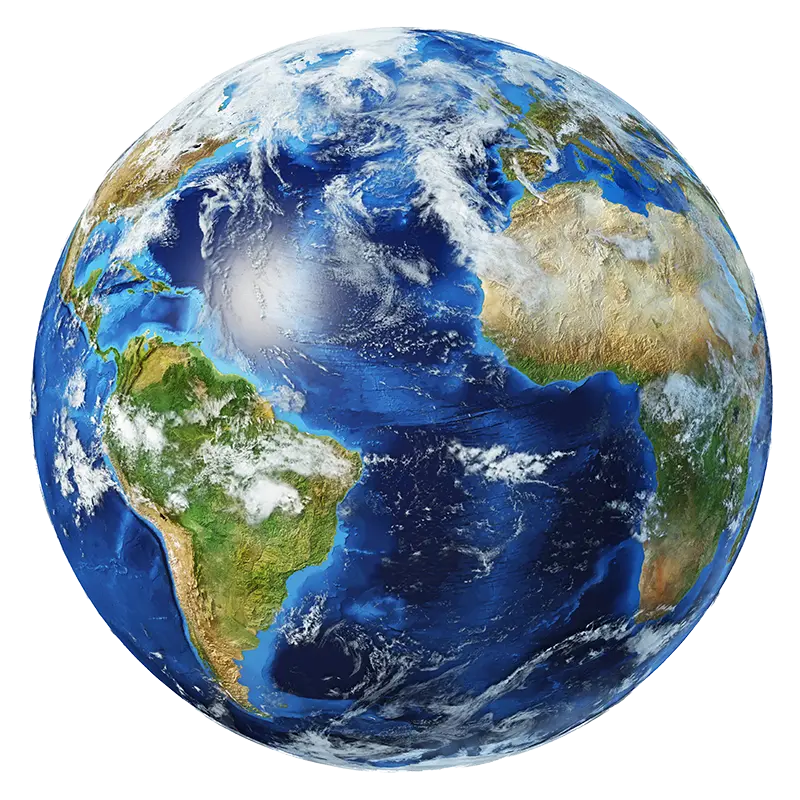 View of Earth from space showing continents with blue oceans and white clouds. The planet is vibrant against a black background, conveying serenity.