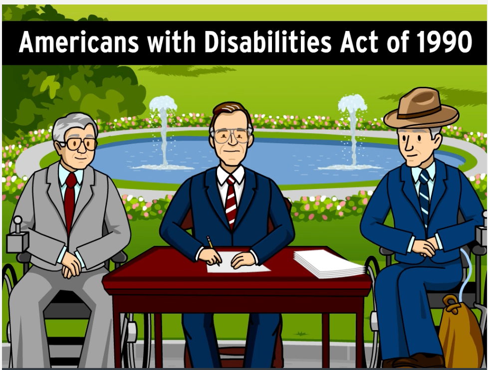 Three figures are seen sitting at a desk, signing a document. Text reads: Americans with Disabilities Act of 1990.