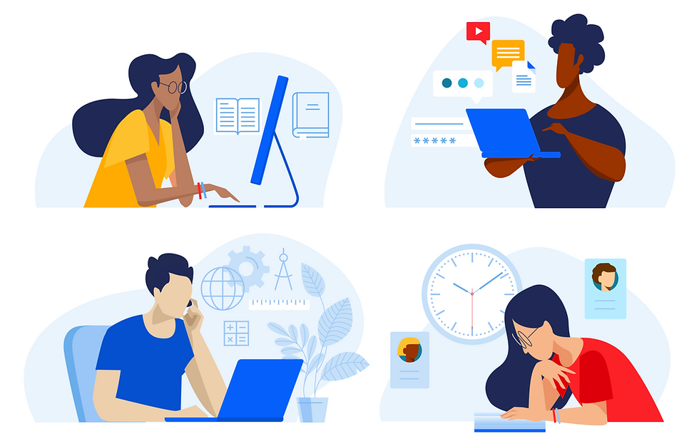 Four people using devices. Top left: Woman working on a computer. Top right: Man on laptop with icons. Bottom left: Man thinking. Bottom right: Woman studying with clock.