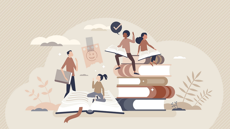 People with books on a stack, reading and discussing. Smiley face and check mark icons above. Neutral colors, abstract background.