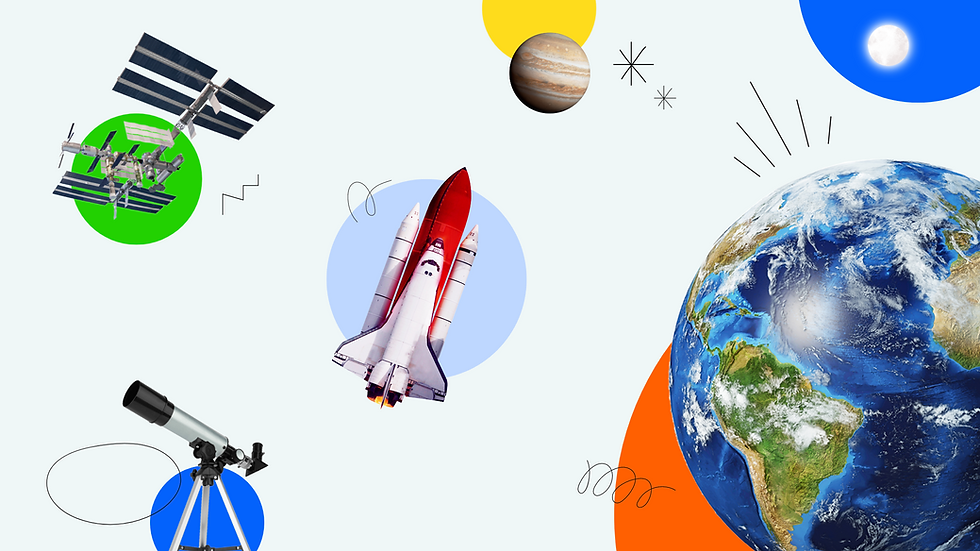 Space-themed collage with a space shuttle, satellite, telescope, Earth, and planets. Colorful circles and abstract lines fill the background.