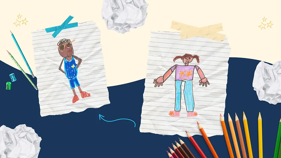 Children's crayon drawings on lined paper, featuring colorful characters in blue and purple outfits. Surrounded by pencils and paper.
