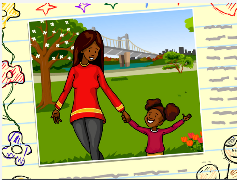 A scrapbooked photo of a mother and daughter smiling while holding hands in a park. Colorful kids flowers drawings surround the photo. From BrainPOP's Parenthood movie.