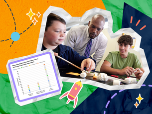 Teacher helps two students with a hands-on classroom project beside a chart titled "More investigations lead to higher scores on Florida's statewide assessment."