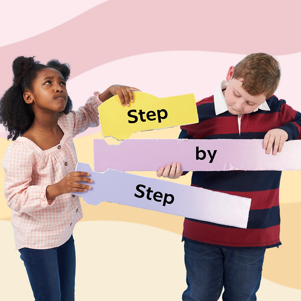 Two children hold puzzle pieces with text "Step by Step" against a pastel striped background. They appear focused and collaborative.