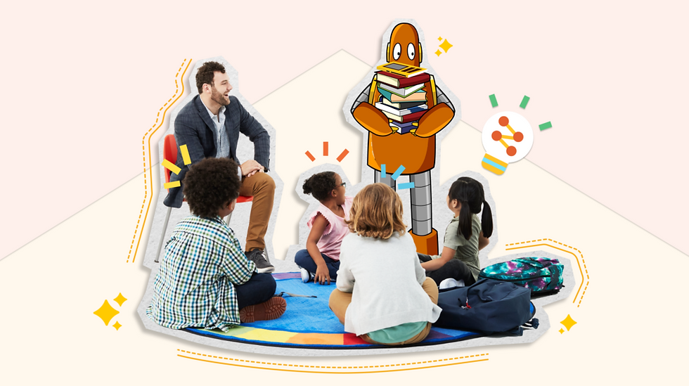 Moby holds an armful of books while standing near a teacher and students on a carpet.