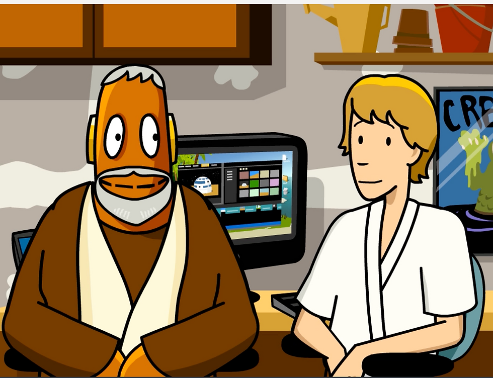 Tim and Moby dressed up as Luke and Obi-Wan Kenobi from Star Wars, wearing robes and wigs. From BrainPOP"s Theme movie.