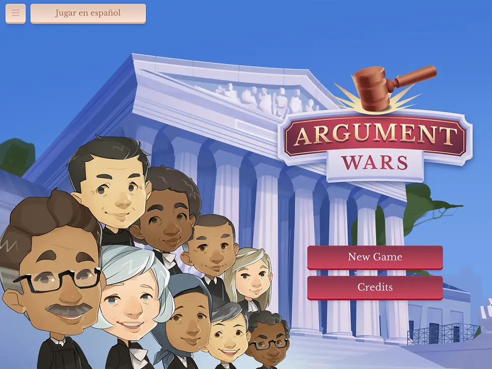 Argument Wars game main menu. Options read "Jugar en español," "New Game," and "Credits"
