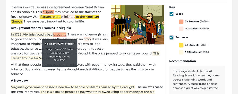 Text about the Parson's Cause in Virginia, highlighting key terms. An illustration shows a man pointing in a courtroom setting. The Reading Heatmap shows teachers the words or text where students click for more support.