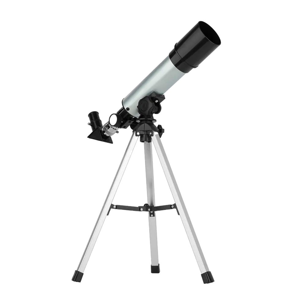 Silver telescope with black accents on a tripod stand against a white background. The telescope is angled upwards.