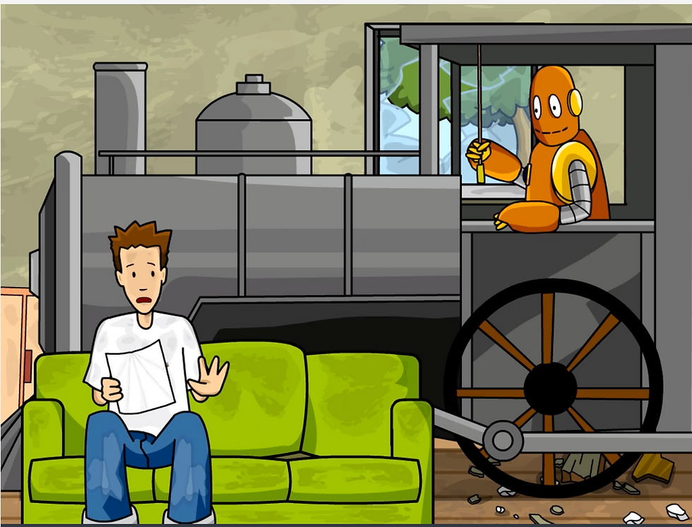 Moby operates a large steam engine into Tim's living room while Tim is sitting on the couch, surprised while reading a letter. From BrainPOP's movie on Railroad History.