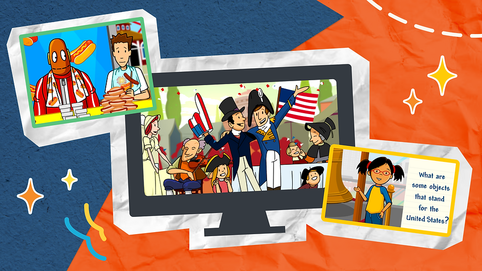 Collage of cartoon patriotic scenes from BrainPOP to celebrate America's semiquincentennial anniversary: Tim and Moby eating hot dogs, cheering parade crowd with American flags and patriotic costumes, and Annie asking what objects stand for the United States?