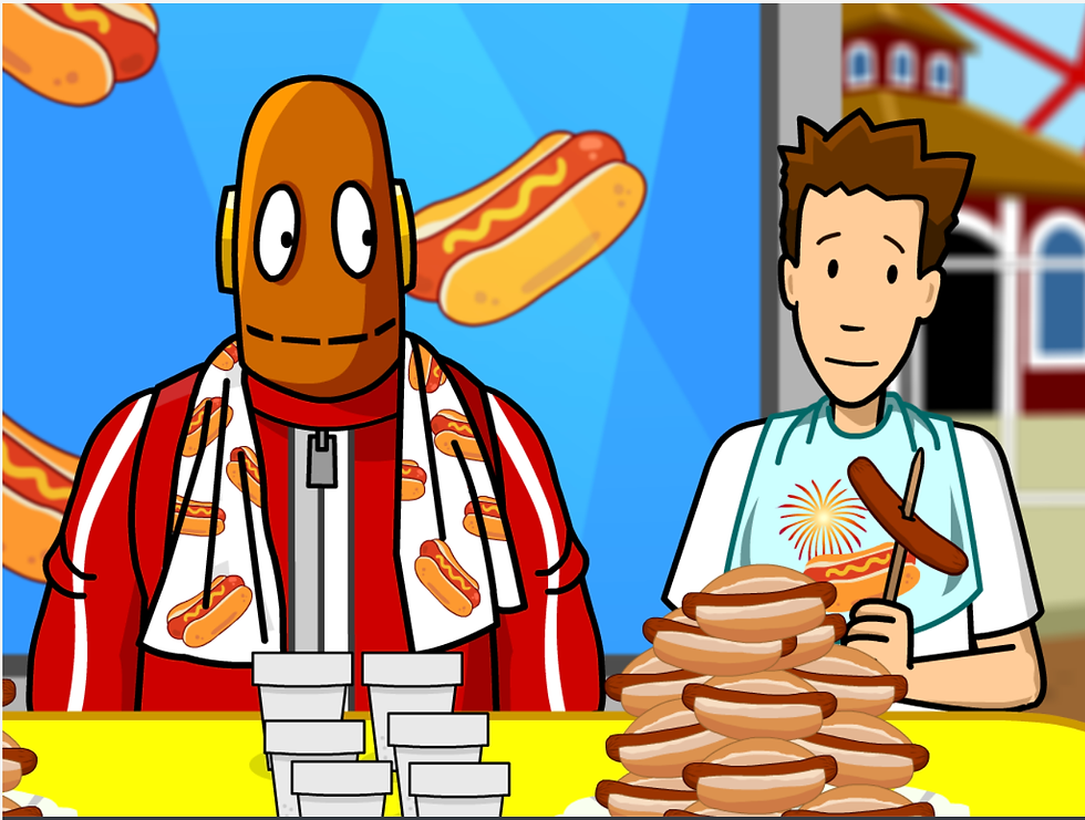 From BrainPOP's "Independence Day" movie. Tim and Moby at a hotdog eating contest wearing bibs next to a plate piled high with hot dogs.