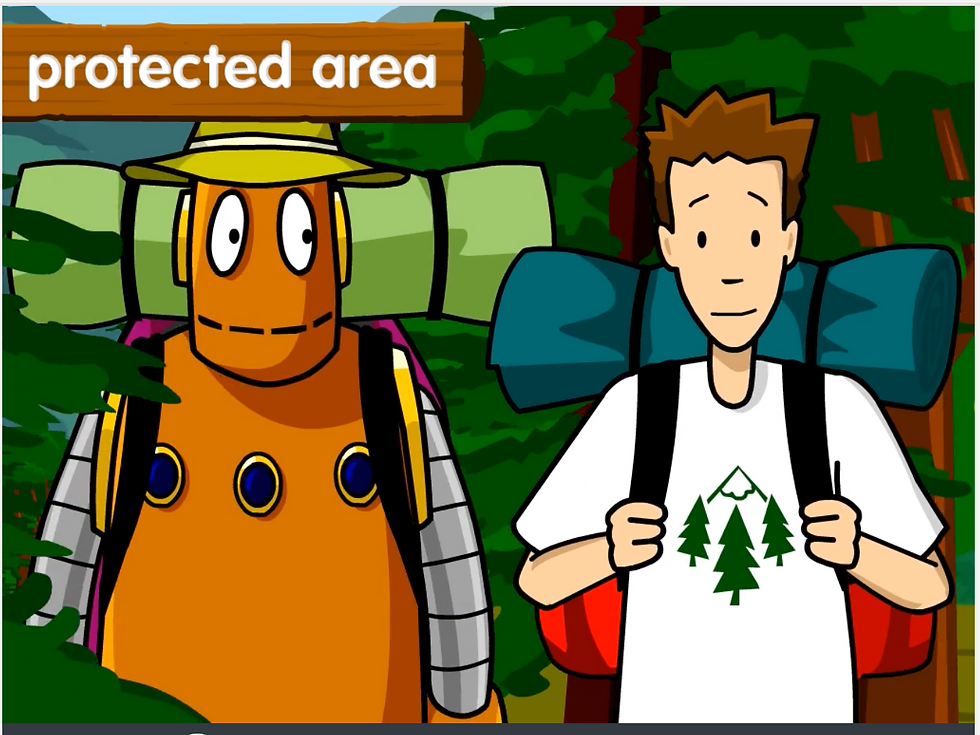 From BrainPOP's movie on National Parks. Tim and Moby are in a forest wearing hiking gear. Text: protected area.