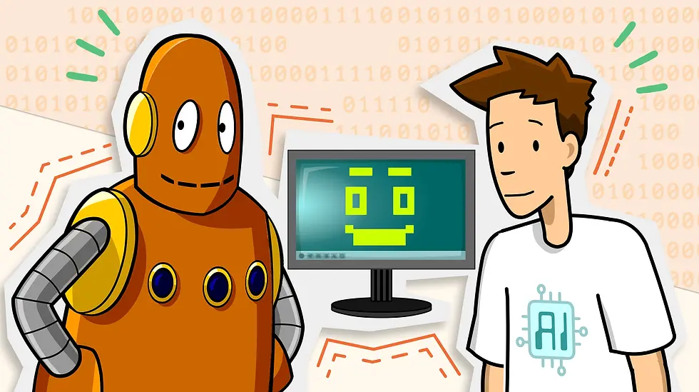 Moby the robot and Tim from BrainPOP with AI t-shirt in front of binary code background. Smiling face on monitor. Mood is playful and tech-focused.
