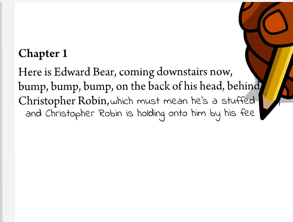 BrainPOP Making Inferences topic: A storybook page labeled Chapter 1 describing Edward Bear coming downstairs behind Christopher Robin, with a handwritten note added to show the reader can infer that he’s a stuffed bear being held by Christopher Robin, while Moby holds a pencil in the corner.