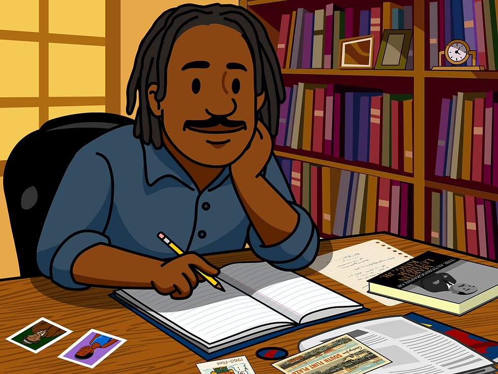 Illustration of author Christopher Paul Curtis writing at a desk.