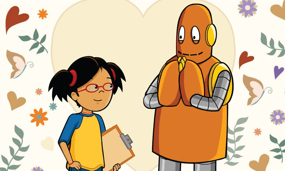 Annie from BrainPOP Jr. holds a clipboard and smiles at Moby the orange robot, surrounded by hearts and flowers on a patterned background.