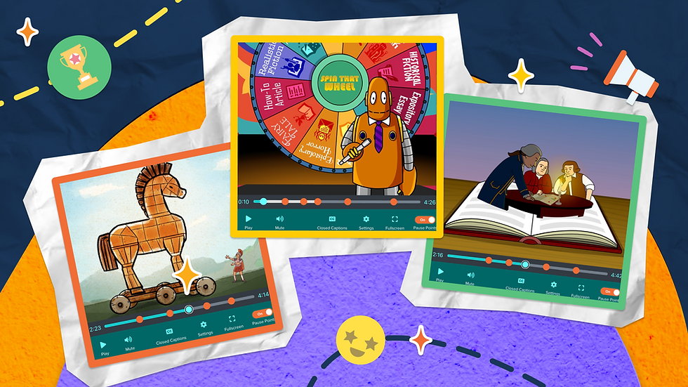Collage of three educational images with visible video players: a Trojan horse, a robot with a spin wheel, and historical figures around a book. Colorful background.