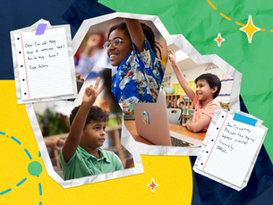 Kids raise hands in a classroom, excited and engaged. Background features vibrant papers with questions addressed to Tim and Moby about avalanches and English language.