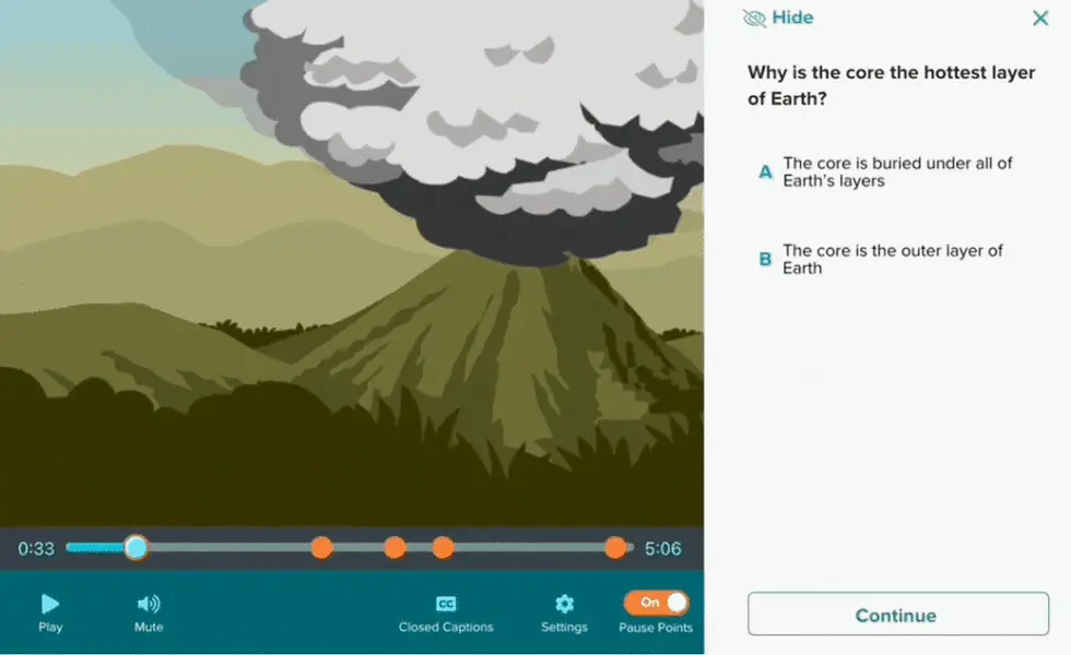 Animated volcano with smoke; quiz on Earth's core on the right. Options A and B. Video controls below, setting is active and educational.