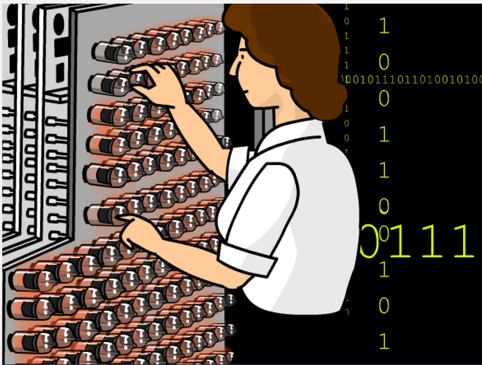 A person operates an old computer with plugboards. Binary code in bright green is displayed in the background, conveying a vintage tech vibe. From BrainPOP's Computer History movie.