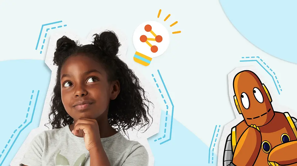 Girl thinking, looking up with hand on chin, next to Moby the orange robot. Light bulb icon above. Blue geometric background, curious mood.