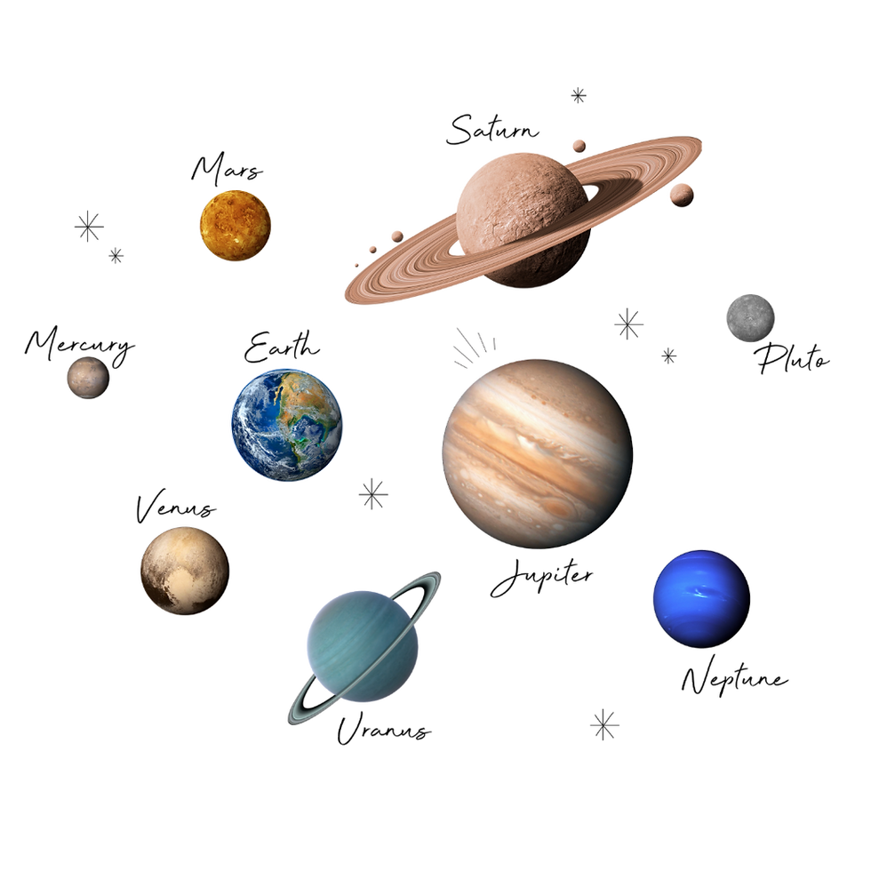 Illustration of planets in space, including Earth, Saturn's rings, and Jupiter. Diverse colors on a blank background, no text.