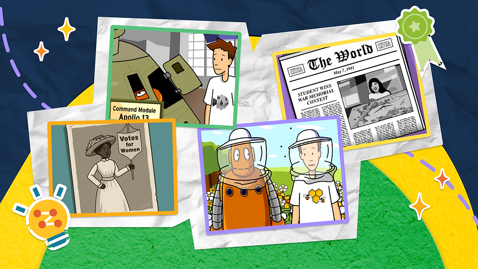 Animated BrainPOP educational movie stills displaying a suffragette with "Votes for Women" sign, Apollo 13 module, newspaper headline "Student wins war memorial contest", and two figures, Moby (an orange robot) and Tim in bee gear on a colorful background.