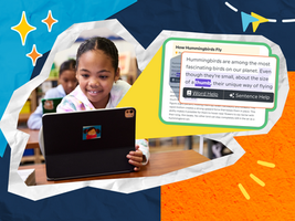 Smiling child uses a tablet in a bright classroom. Text about hummingbirds is highlighted, with options for "Word Help" and AI-generated "Sentence Help." Colorful cut-out design elements surround them.