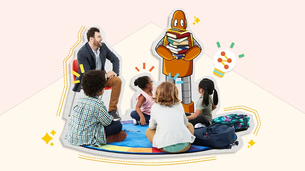 Children sit in a circle on a colorful rug, engaged with a smiling teacher and Moby the orange robot holding books, in a lively classroom setting.