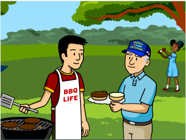 Man in apron, "BBQ LIFE," grills burgers for veteran in cap while in a park. From the BrainPOP Memorial Day movie.