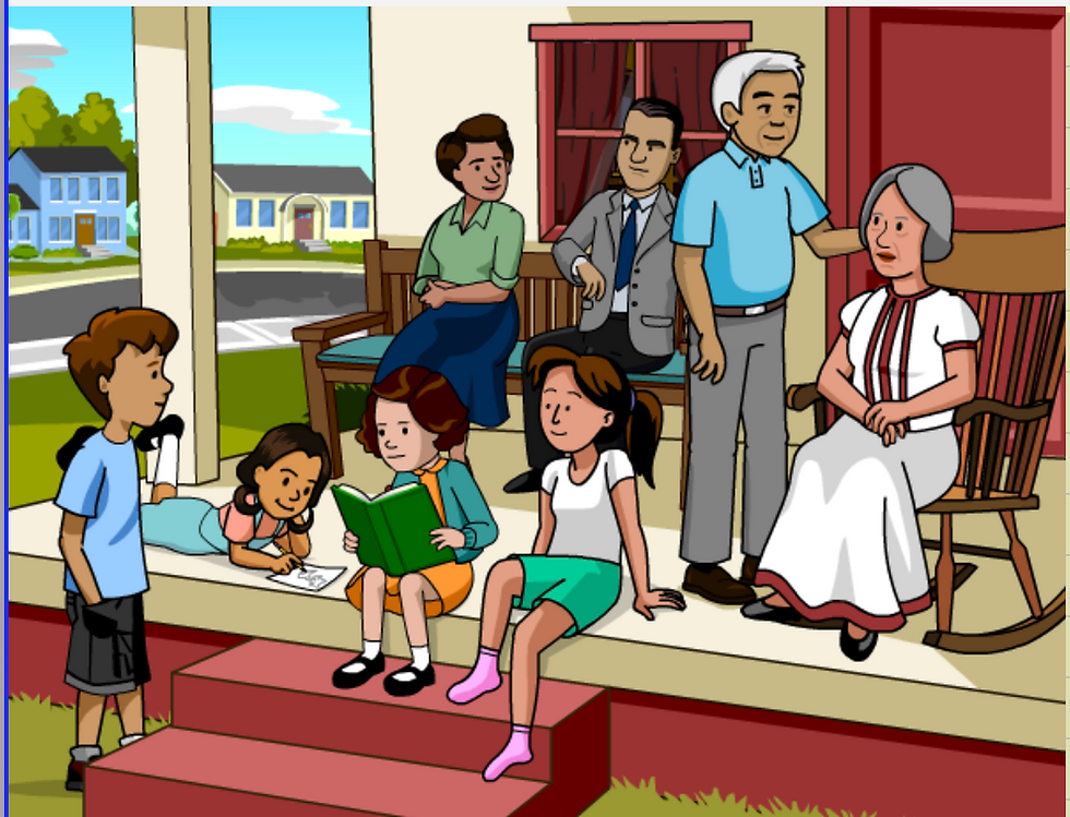BrainPOP Jr. Pat Mora topic: illustration of a multigenerational family gathered on a front porch, with children reading on the steps and adults standing and sitting behind them.