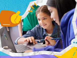 Two smiling students in blue and purple jackets use a laptop together, surrounded by colorful, playful graphics. Mood is joyful and collaborative. A cartoon, orange robot arm extends from the screen.