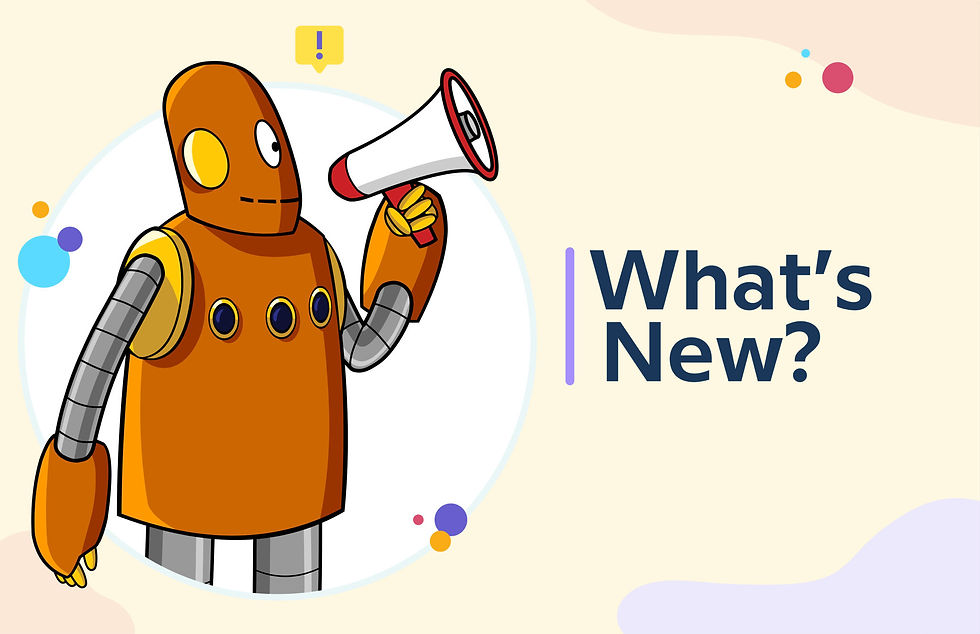 Moby the orange robot holding megaphone with exclamation mark above, set against a colorful background. Text reads "What's New?" with bold colors and dots.
