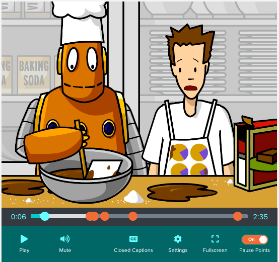 Cartoon robot Moby in chef hat stirs batter in a bowl beside a surprised Tim. "Baking Soda" text visible. Kitchen setting, brown and orange tones. BrainPOP video controls visible.