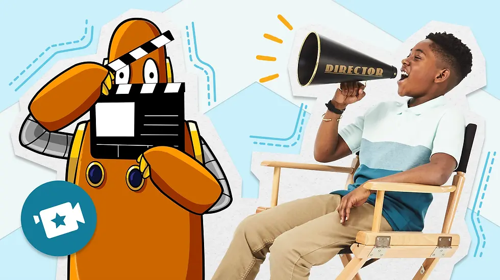 Moby the orange robot holding clapperboard, boy in director's chair with megaphone labeled "Director." Light blue background with dashed lines.
