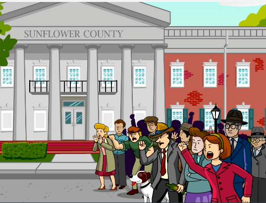 BrainPOP animation of people protesting outside Sunflower County courthouse, some raising fists. Red brick and grey buildings in background, creating an energetic scene. From BrainPOP's Fannie Lou Hamer movie. 