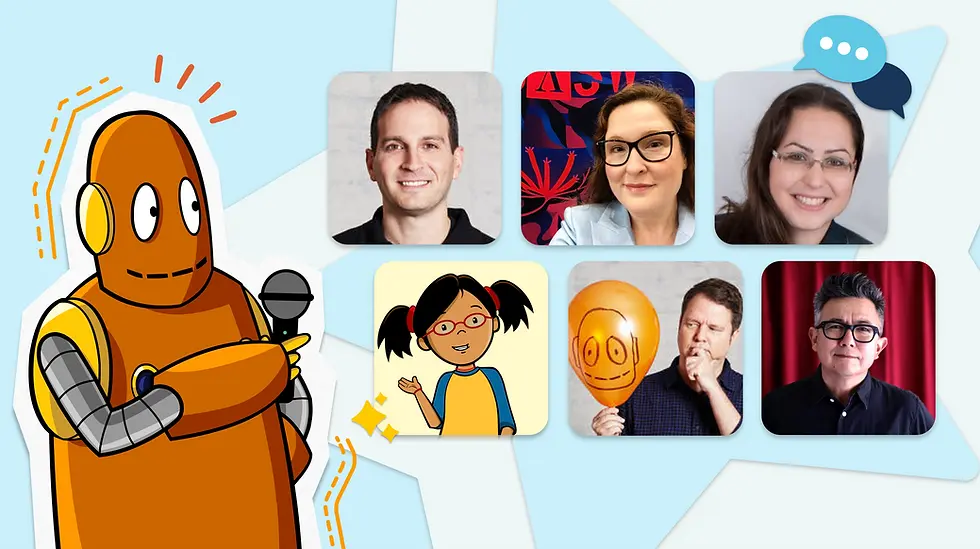 Moby the orange robot holding a microphone with 6 portraits of people and characters, including a girl with glasses. Blue pattern background.