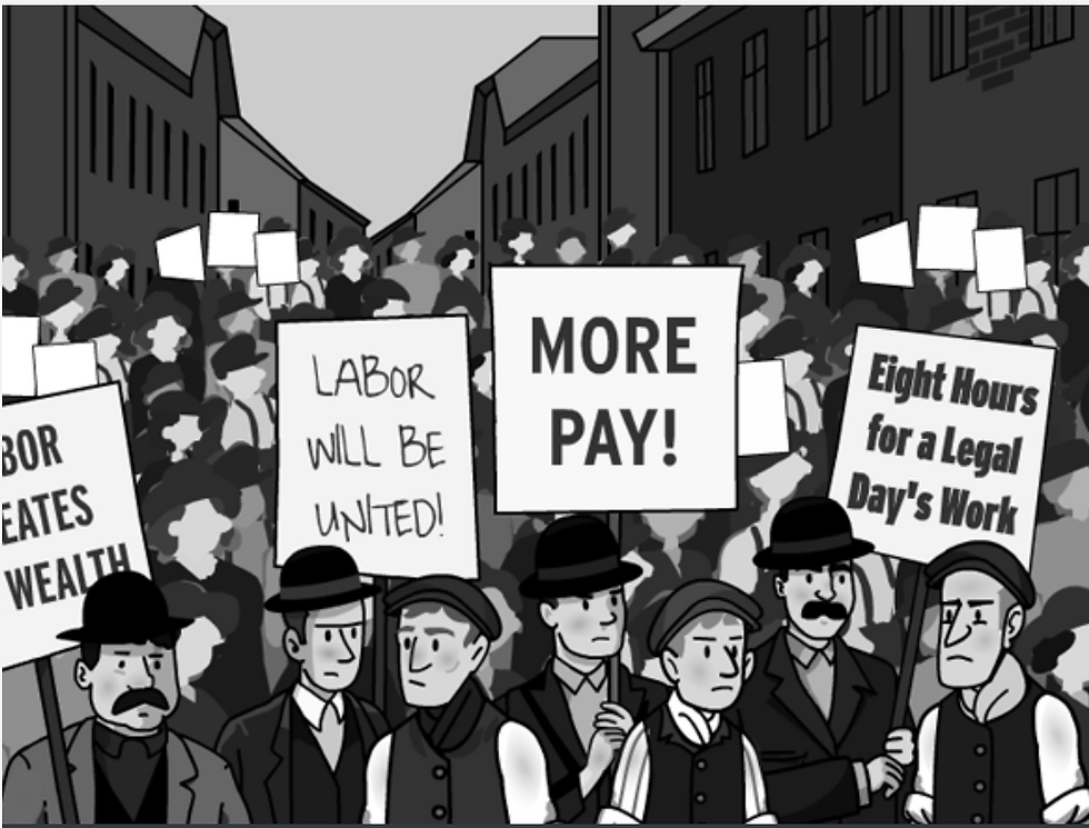 BrainPOP Labor Day topic: black-and-white illustration of a labor march with a crowd carrying picket signs reading "Labor Will Be United," "More Pay!," "Eight Hours for a Legal Day's Work," and a partially visible sign referencing wealth.